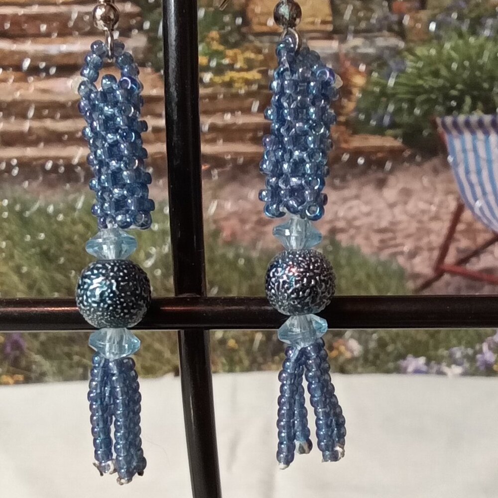 Hand Crafted  Blue Beaded Tassel Earrings..